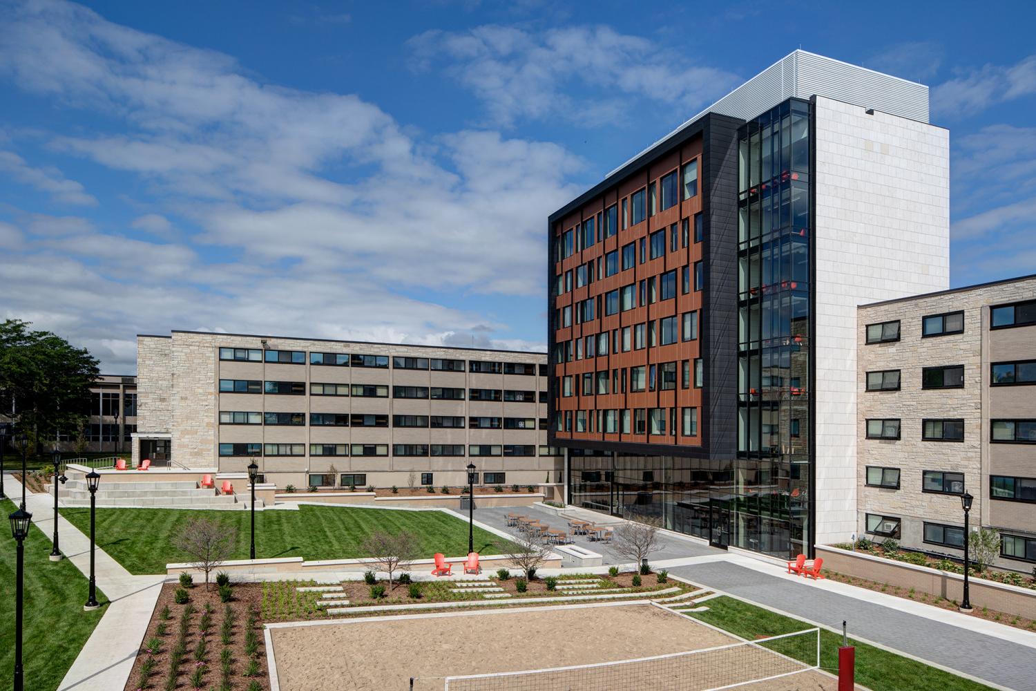 The Tower Terrace includes an outdoor seating area and volleyball court.